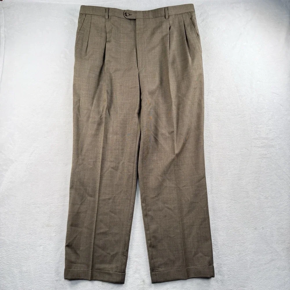 Hickey Freeman Suit Mens 46R 35x29 100% Worsted Wool USA Beige Tan Made In USA